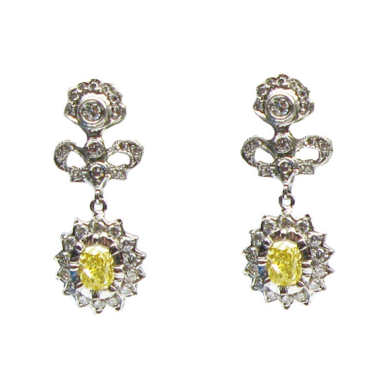 Cathy Carmendy Antique Style Fancy Yellow Oval Diamond Earrings with Bow Detail For Sale
