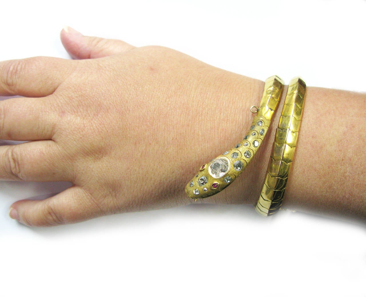 Women's Ruby Diamond Gold Snake Cuff Bracelet