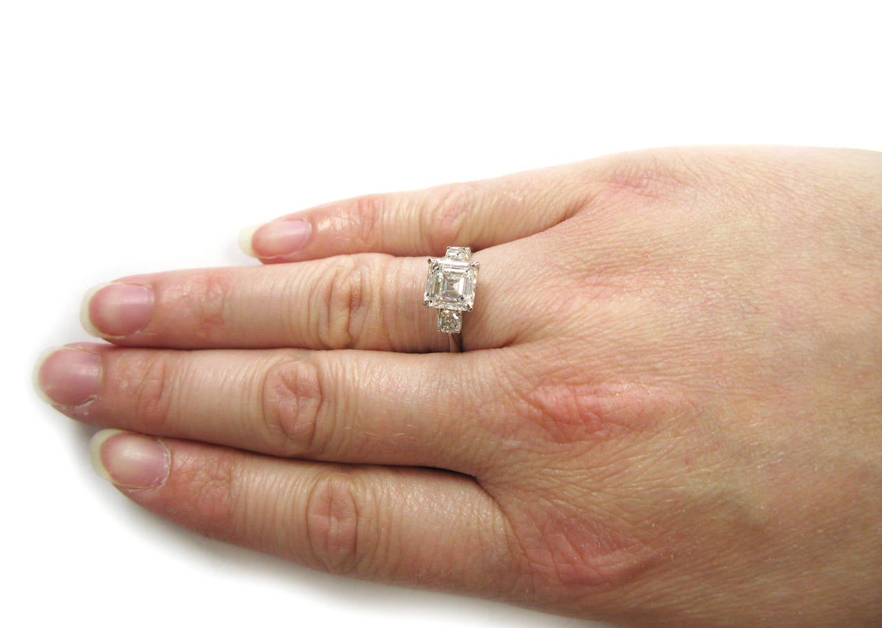 Women's 2.50 Carat Asscher Cut GIA Cert Diamond Platinum Three Stone Engagement Ring