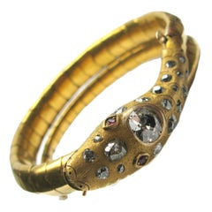 Antique Ruby Diamond Gold Snake Cuff Bracelet
