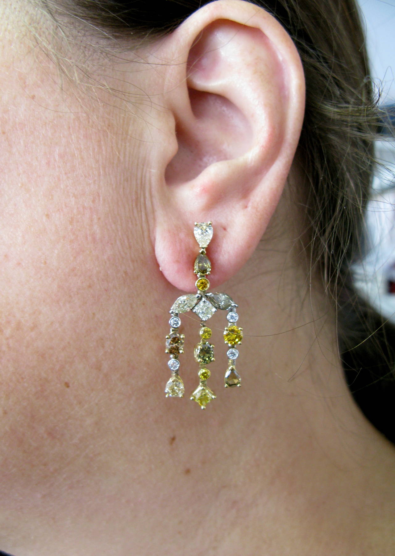 Women's Mixed Cut Natural Fancy Color Diamond Gold Chandelier Earrings For Sale