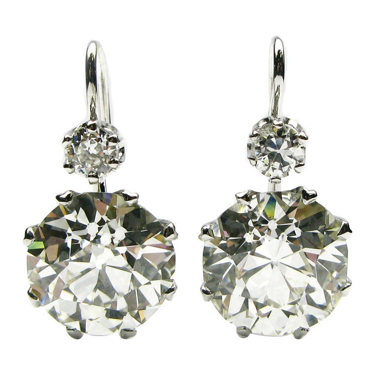 GIA Cert Old Euro Diamond Platinum Drop Earrings each drop weighs over ...