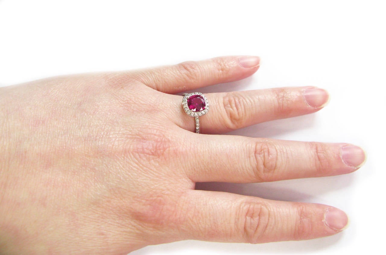 Women's 2.22 Carat Ruby Diamond Pave Platinum Frame Ring For Sale