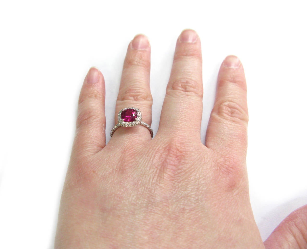 2.22 Carat Ruby Diamond Pave Platinum Frame Ring For Sale 1