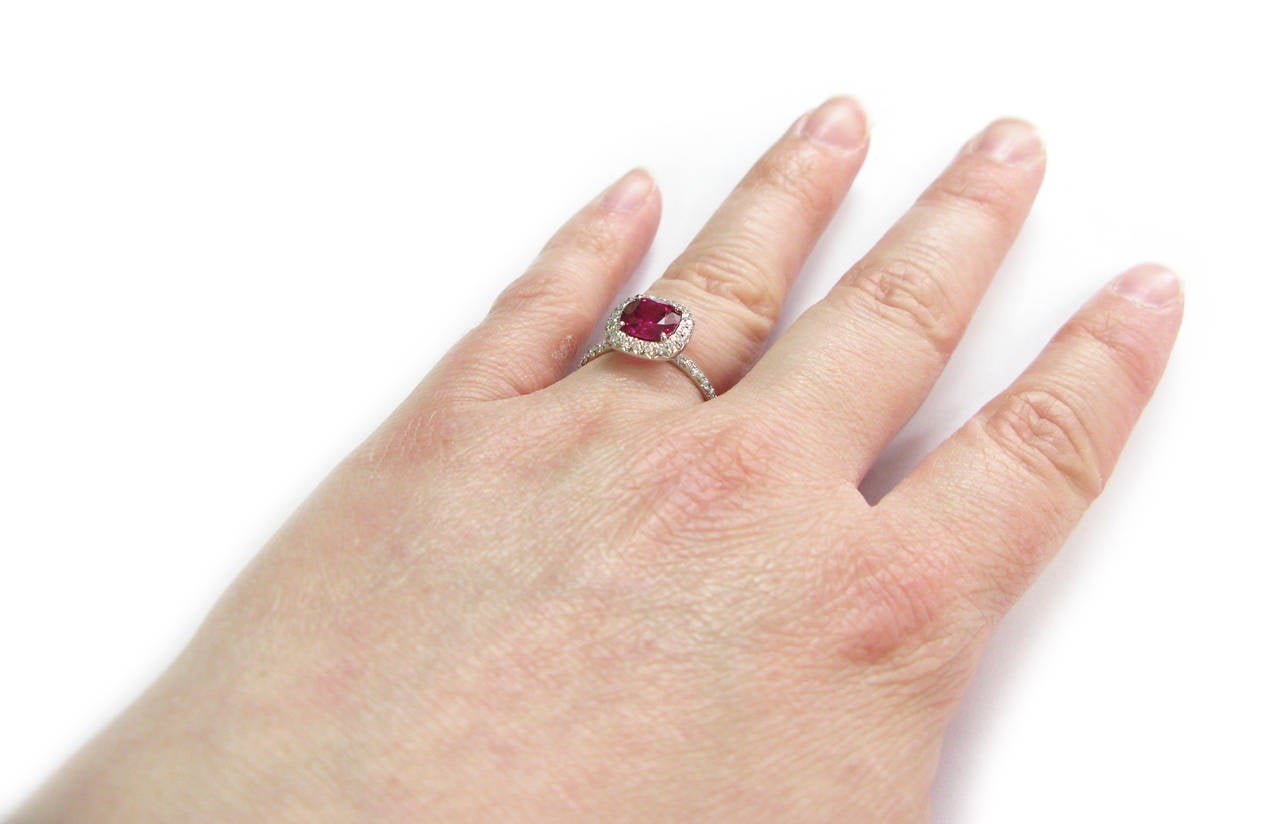 2.22 Carat Ruby Diamond Pave Platinum Frame Ring For Sale 2