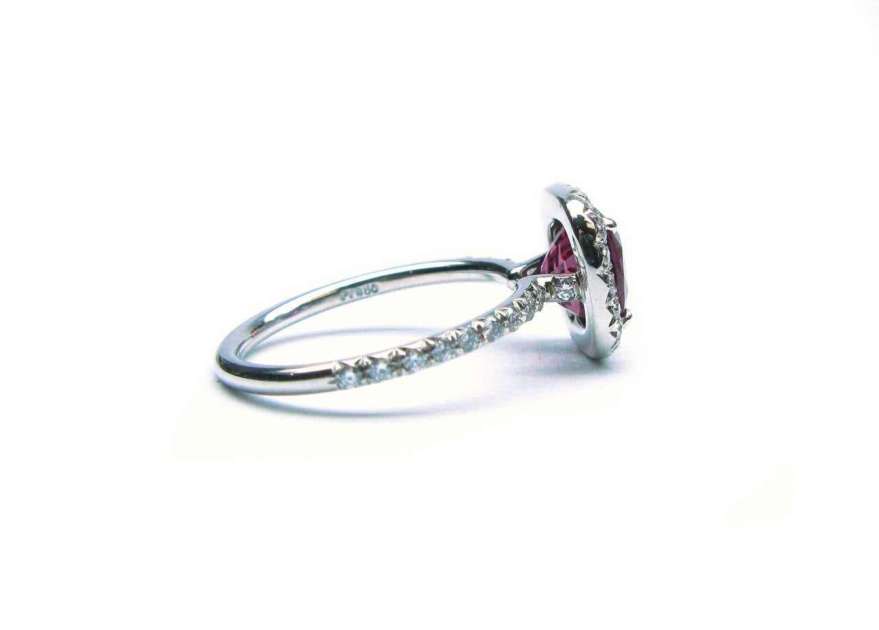 This lovely platinum ring features a beautifully colored 2.22ct cushion cut ruby center with a pave diamond frame and band totaling 0.33ctw. This is the perfect ring for everyday wear to add a little color and sparkle to your ensemble.