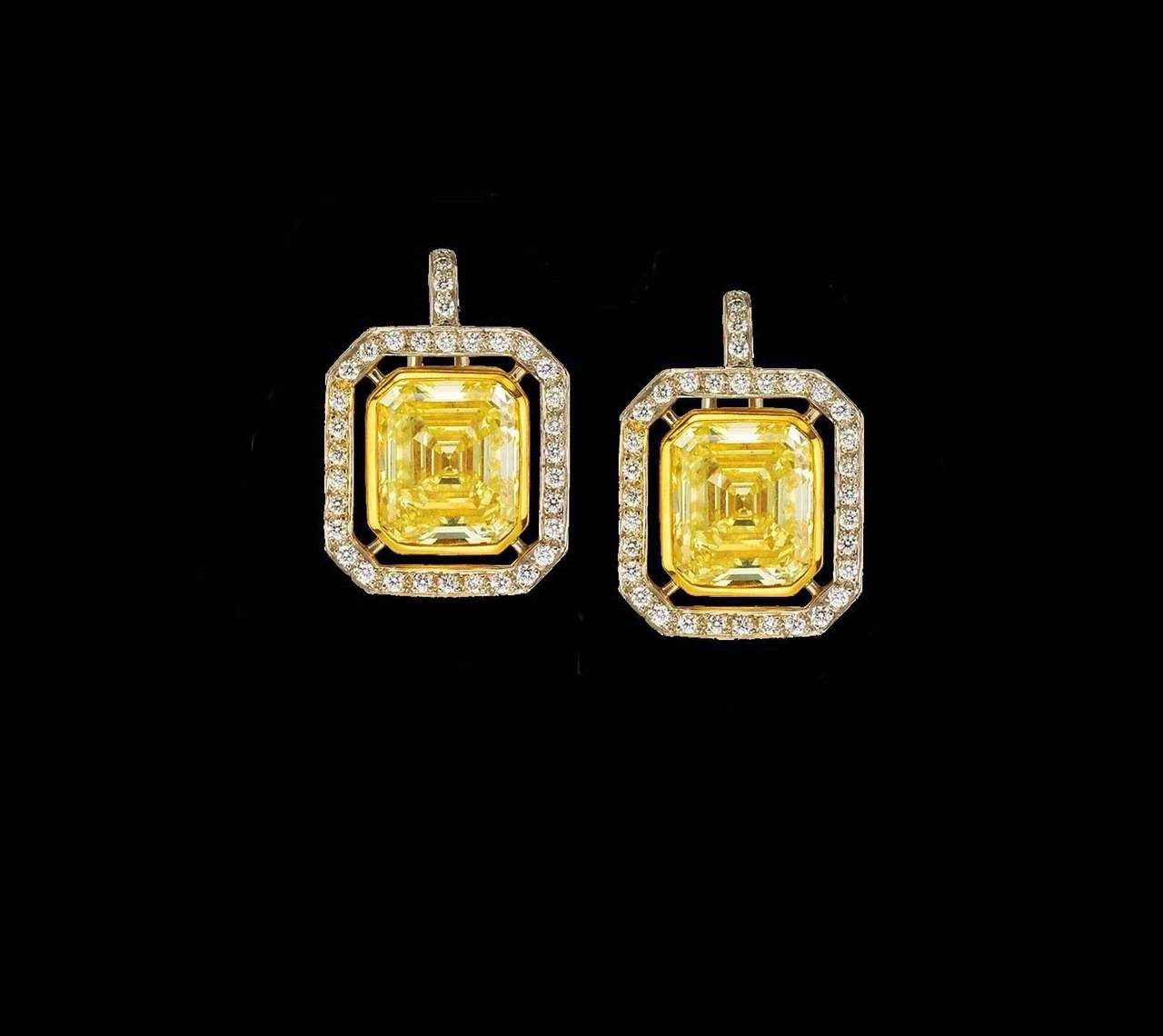 Women's 6.70 Carat GIA Cert Fancy Yellow Emerald cut  Diamond Frame Earrings For Sale