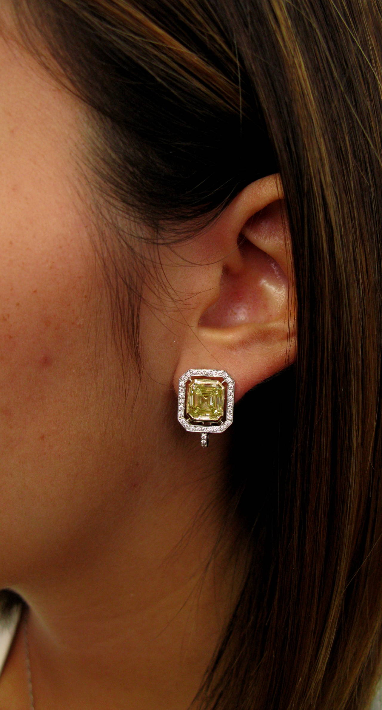 6.70 Carat GIA Cert Fancy Yellow Emerald cut  Diamond Frame Earrings For Sale 1