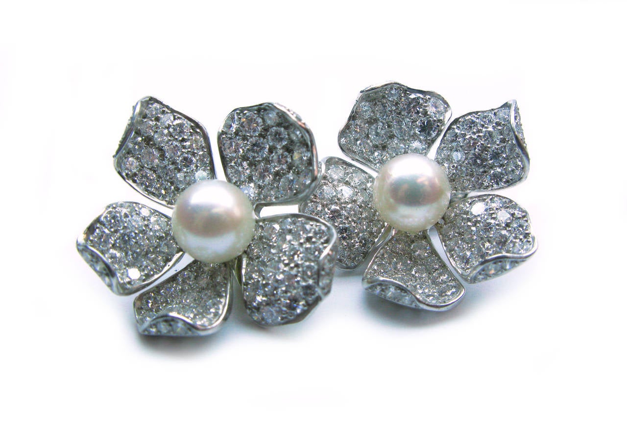 These beautiful platinum white gold flower motif ear clips are encrusted with 3.00ctw pave set round brilliant diamonds with a creamy white cultured pearl center. The perfect accessory for an elegant event!