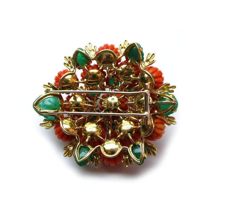 Women's David Webb Coral Diamond and Emerald Pin