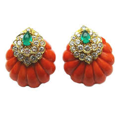 David Webb Coral Emerald Diamond Earrings