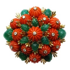 David Webb Coral Diamond and Emerald Pin