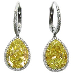 J. Birnbach 12.75 carat Fancy Yellow Pear Diamond Drop Earrings with Halo