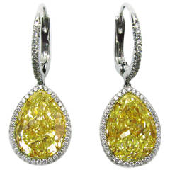 12.75 Carat GIA Cert Fancy Yellow Pear Diamond Leverback Earrings 1