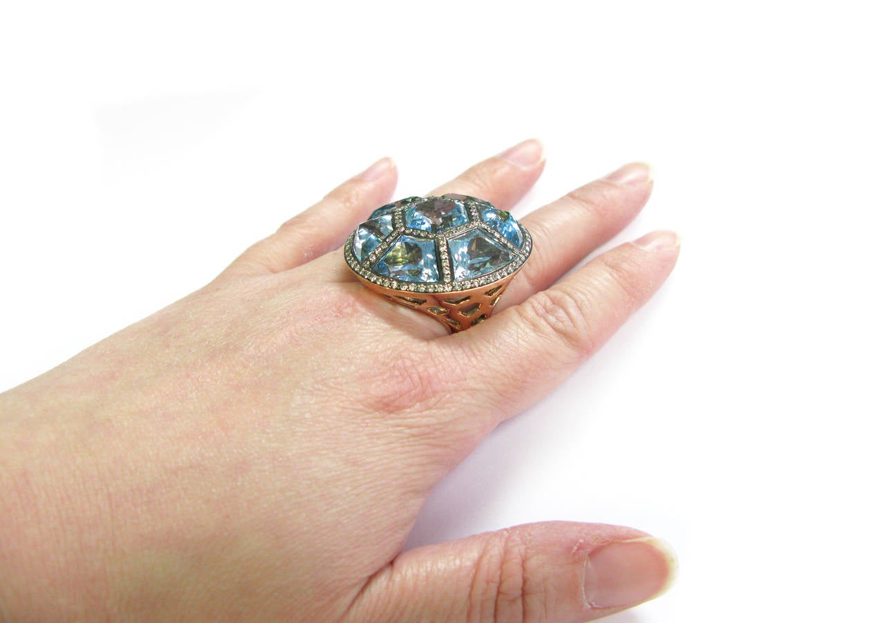 Zorab Blue Topaz Diamond Gold Cocktail Ring 3