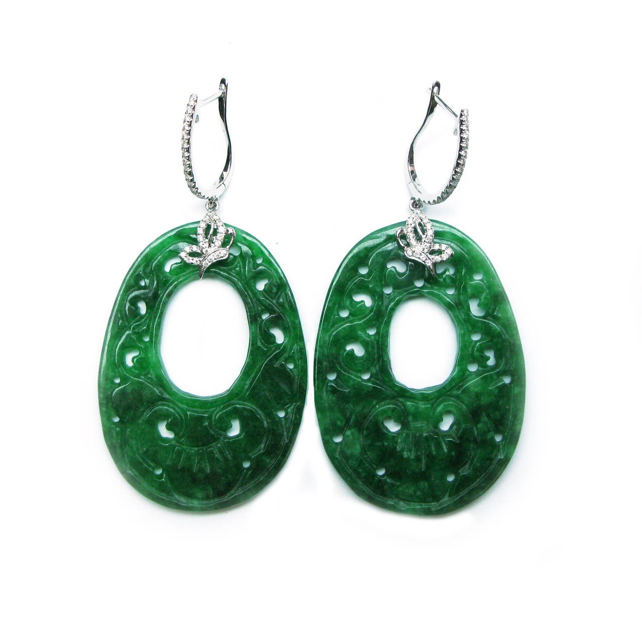 Carved Green Jade Diamond Gold Earrings