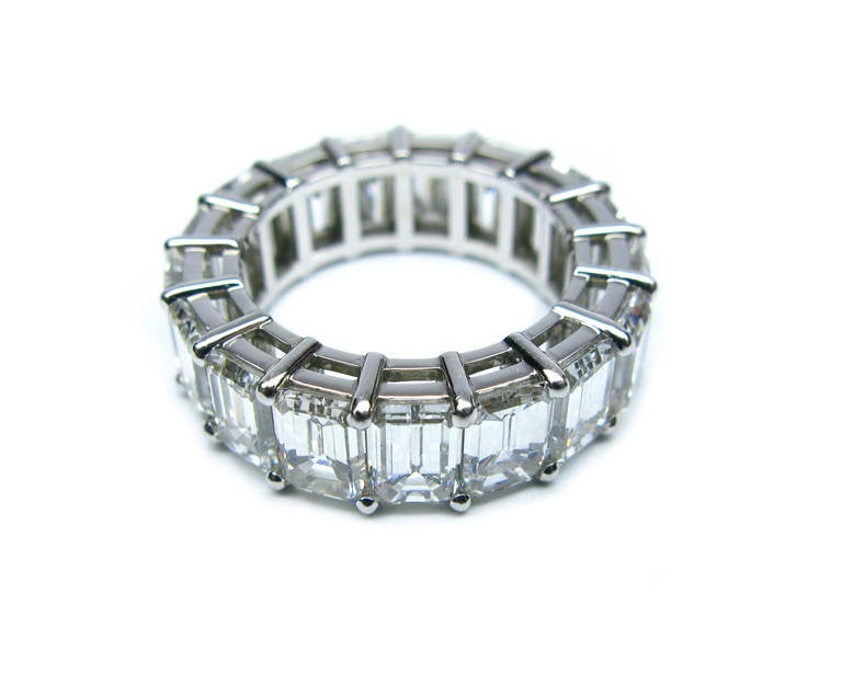 This absolutely dazzling platinum eternity band is set with 17 emerald cut, F color, VS1 clarity diamonds, weighing 13.24ctw. This piece is not for the timid, as it is sure to make a major statement! Looking to keep things a little more understated?