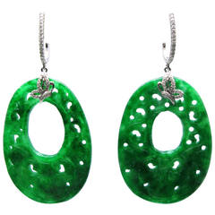 Carved Green Jade Diamond Gold Earrings