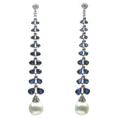 Sapphire Pearl Diamond Gold Drop Earrings Sapphire Pearl Diamond Gold Drop Earrings