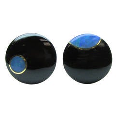 Tiffany & Co. Inlaid Opal Onyx Gold Ear Clips