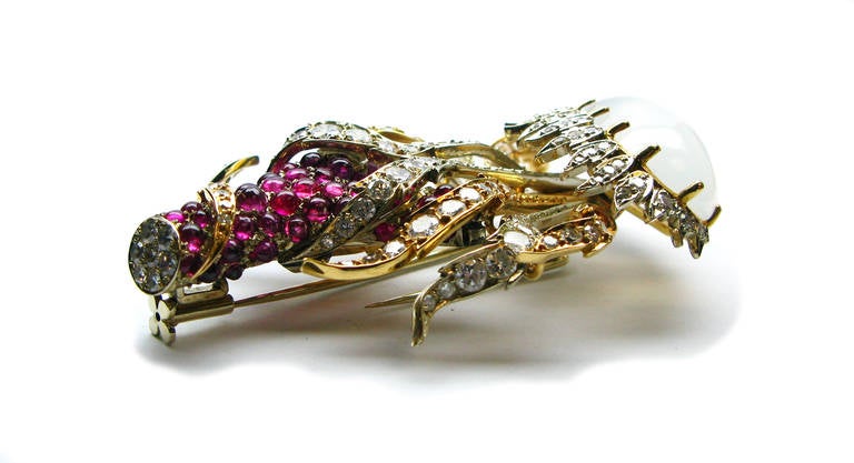 Enrico Serafini Moonstone Ruby Diamond Brooch In Excellent Condition In New York, NY