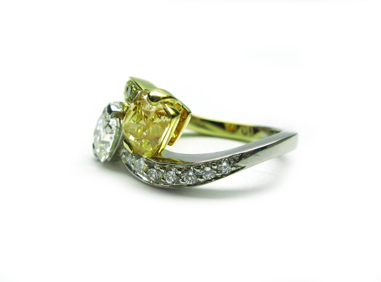 Cushion Cut Fancy Yellow and White Cushion Diamond Gold Platinum Twin Ring For Sale