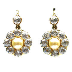 Old European Diamond and Freshwater Pearl Flower Earrings Old European Diamond and Freshwater Pearl Flower Earrings