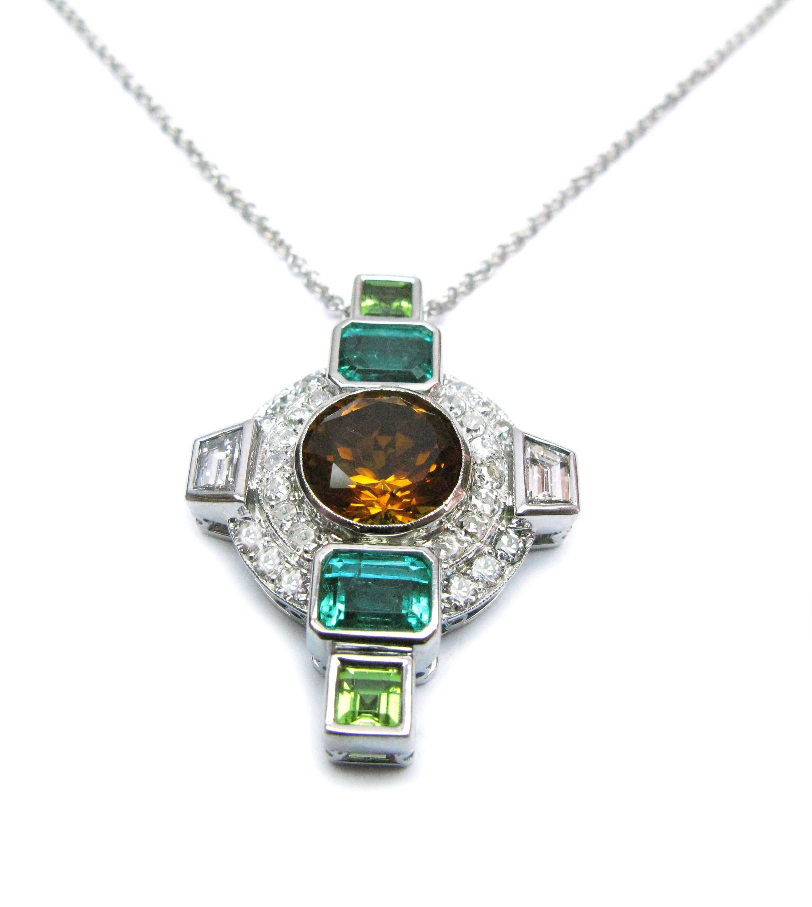 Round Cut Multicolor Gemstone Gold Cross Pendant For Sale