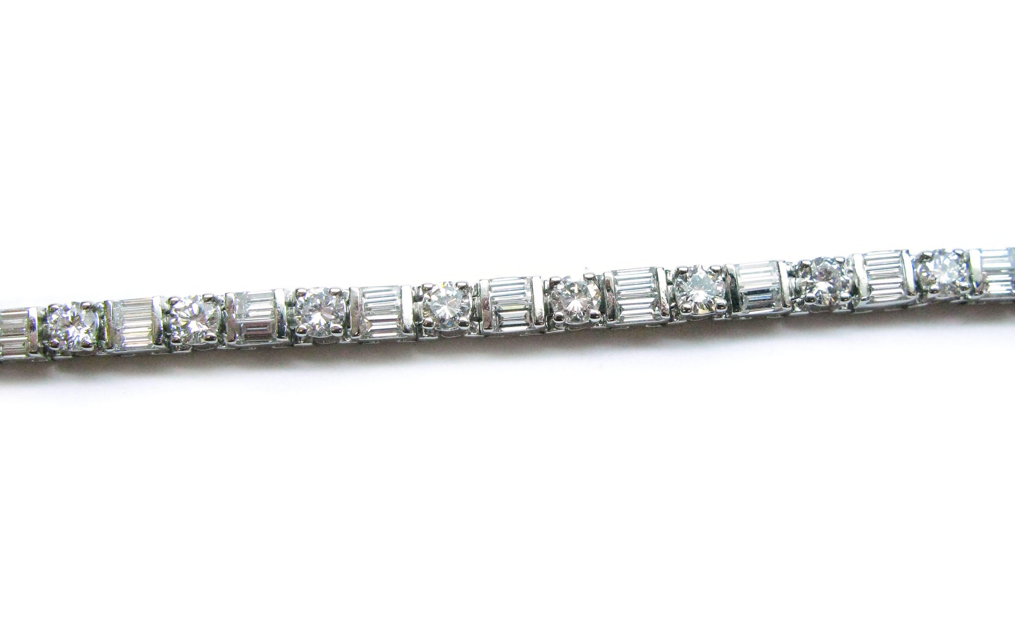This lovely platinum tennis bracelet features 20 sparkling round brilliant diamonds alternating with 40 straight baguettes in a unique twist on a classic piece of jewelry. This bracelet is the perfect staple to add to your collection!