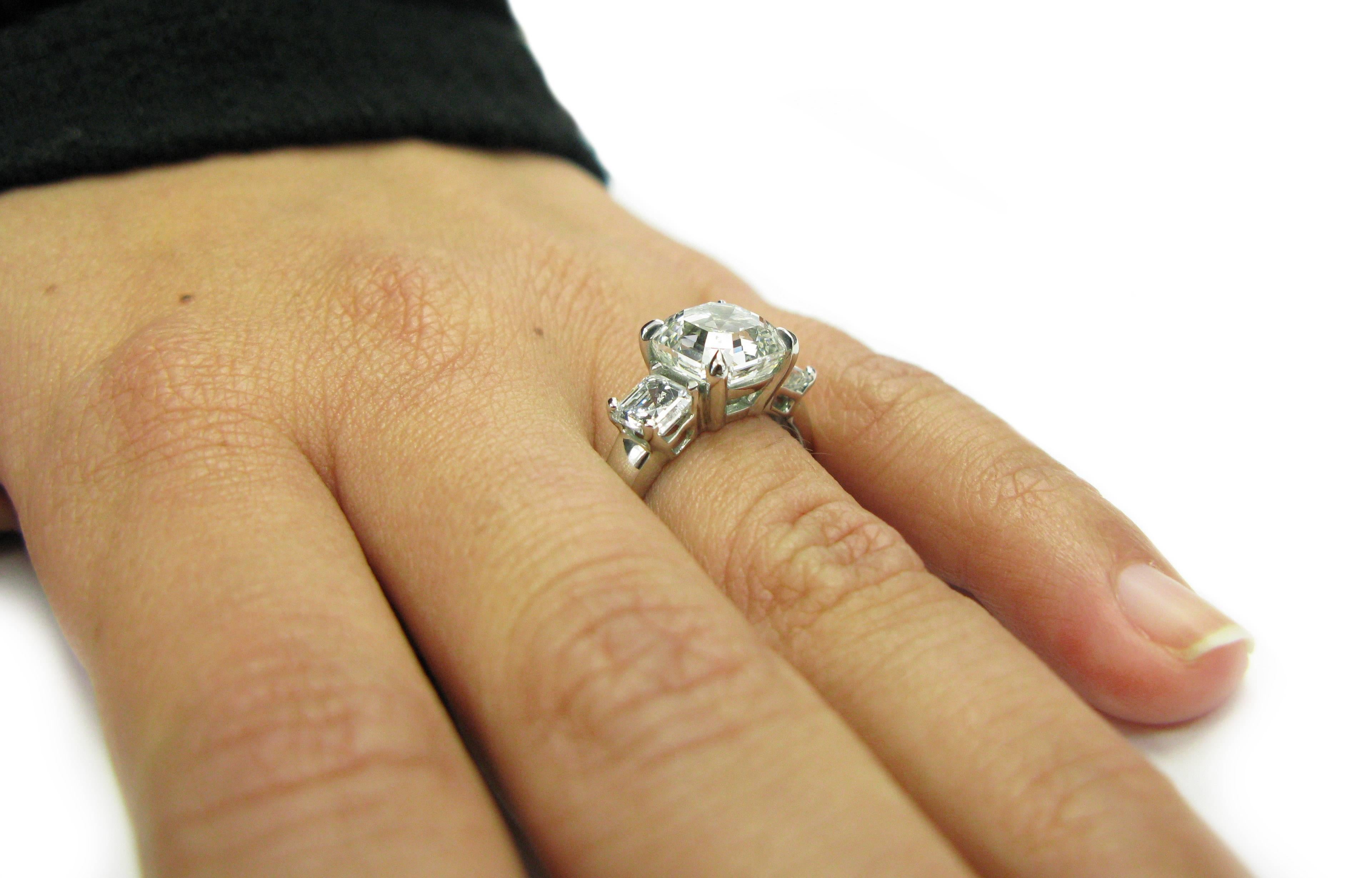 3.01 Carat GIA F VS1 Certified Asscher Diamond Platinum Three Stone Ring 1