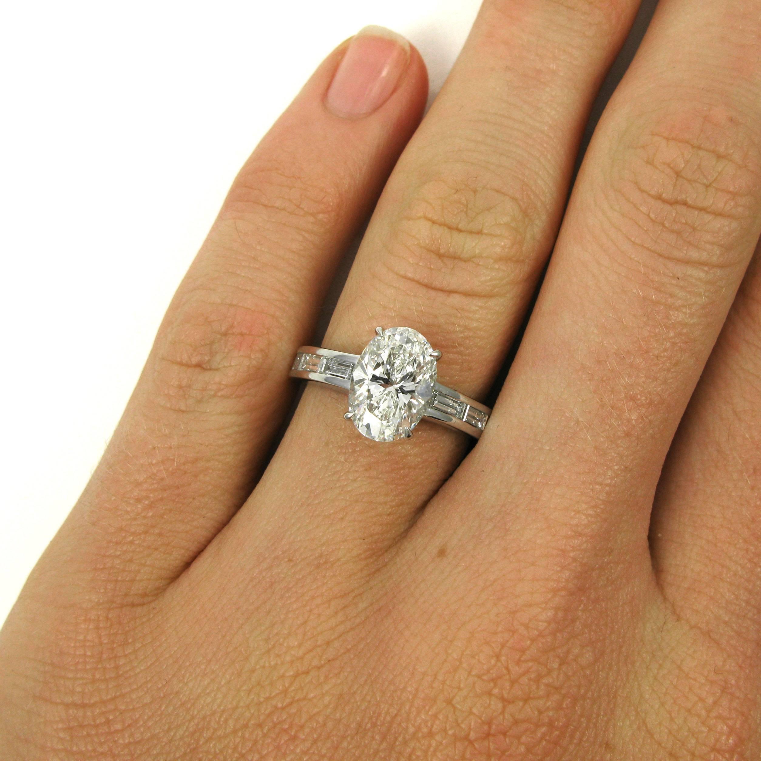 Oval Cut GIA Certified 3.14 CTW Oval and Baguette Diamond Platinum Engagement Ring