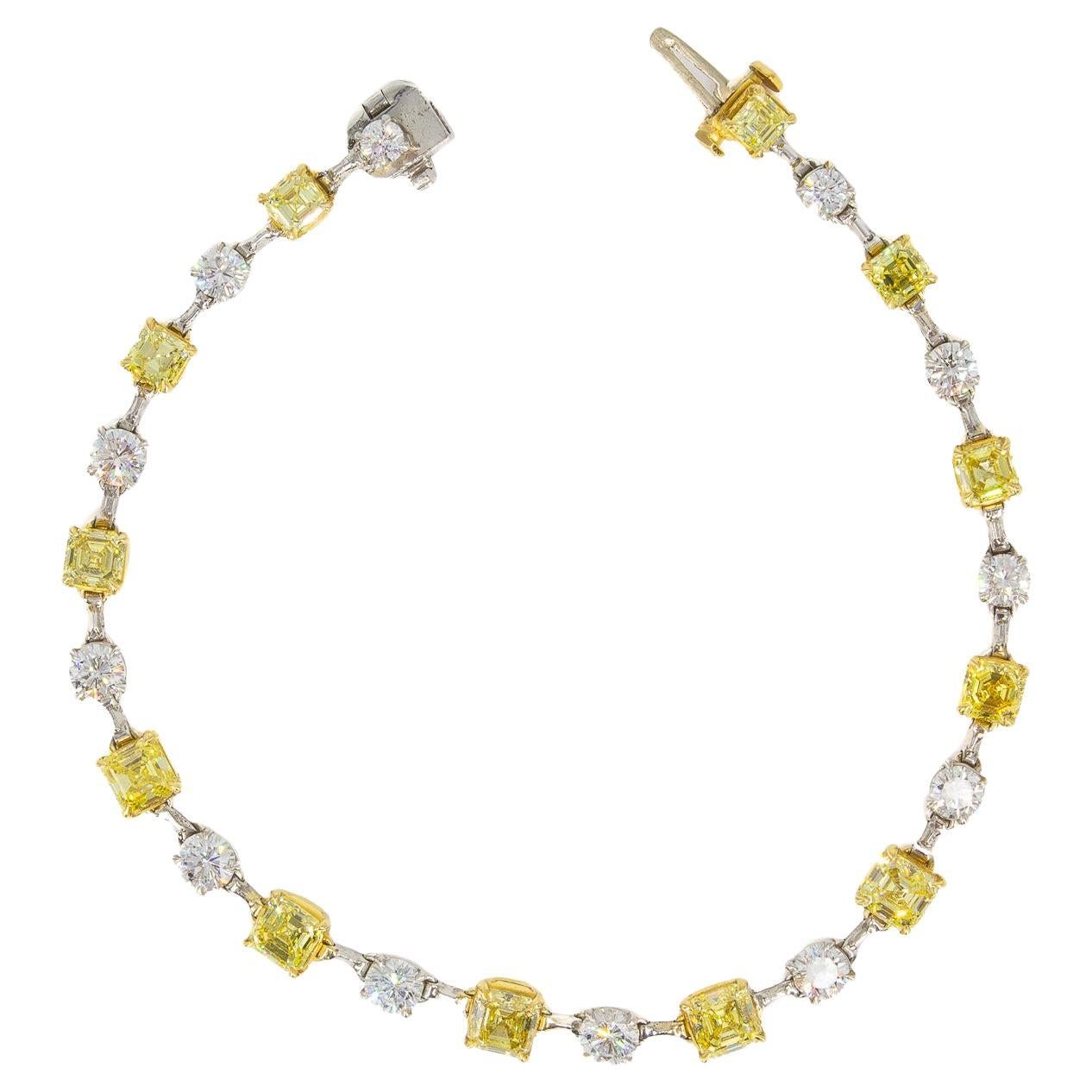 J. Birnbach Fancy Yellow Asscher Cut and White Round Brilliant Diamond Bracelet For Sale 1