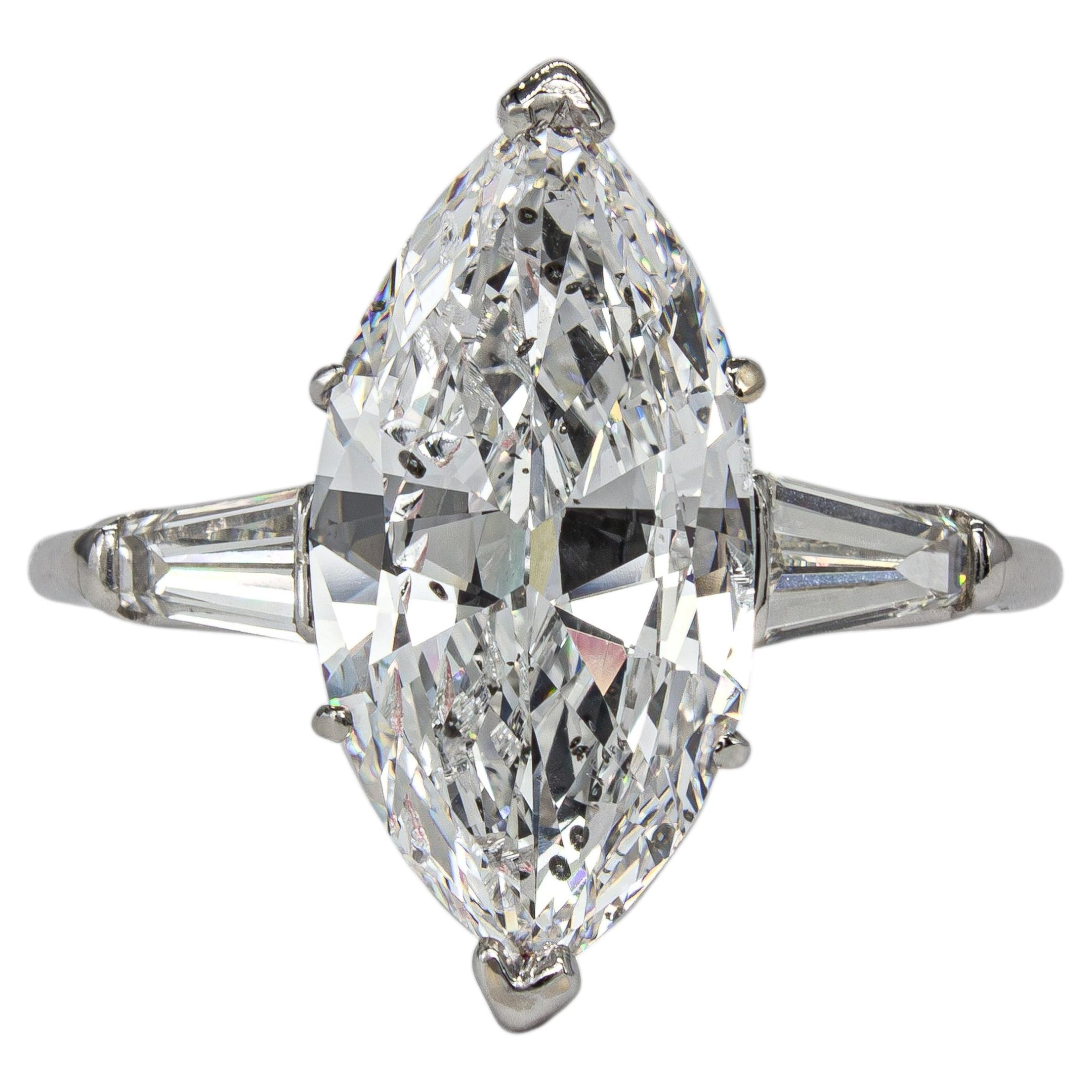 J. Birnbach GIA 4.28 Carat E I1 Marquise Diamond Platinum Three Stone Ring For Sale