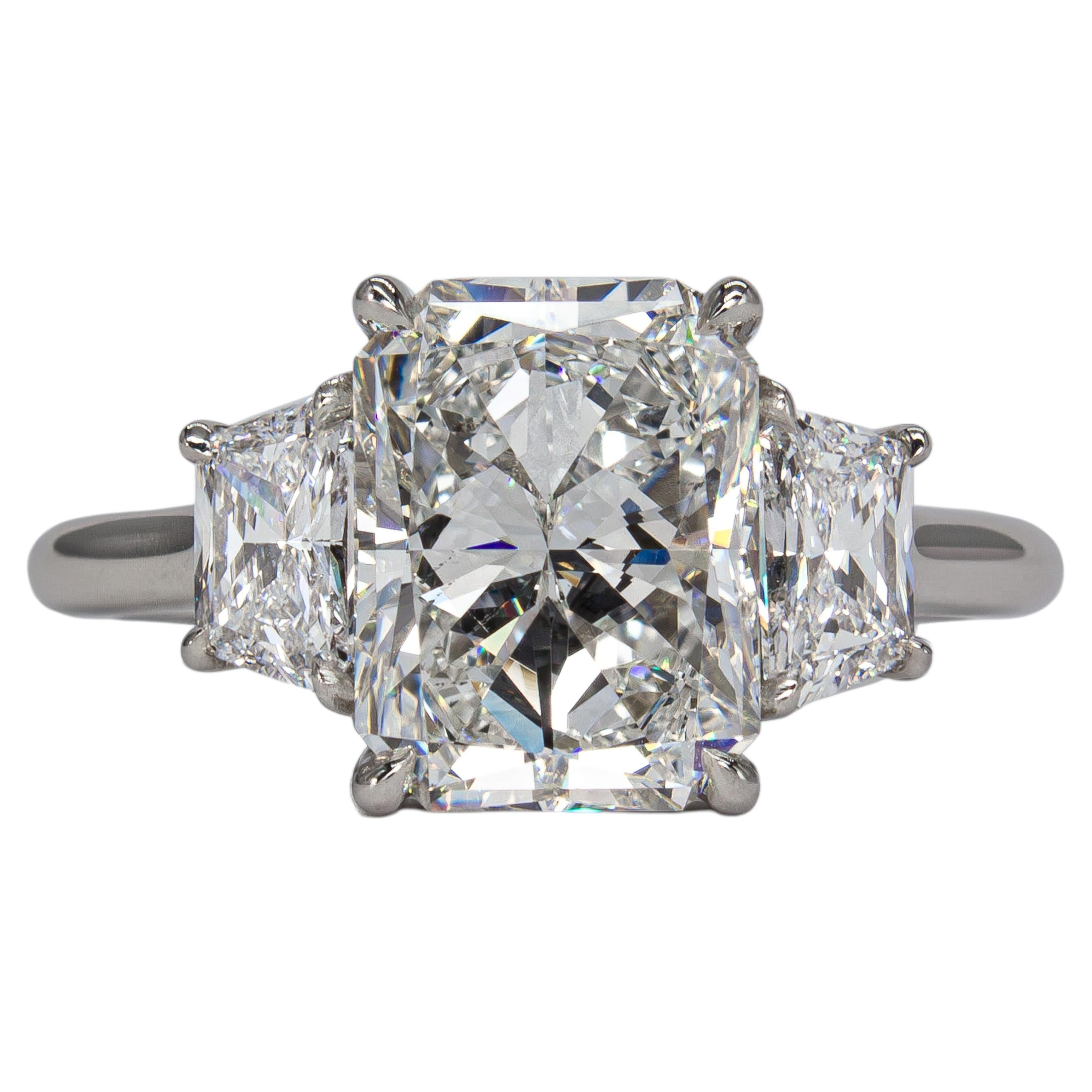 J. Birnbach GIA 2.80 Carat E VS2 Radiant Cut Diamond Platinum Three Stone Ring For Sale