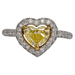 Cellini GIA 0.71 Carat Fancy Yellow SI1 Heart Shape Diamond Halo Solitaire Ring