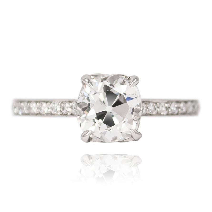 This charming antique cut is as sweet as it is sophisticated! Showcasing a GIA certified 1.53 ct antique cushion brilliant cut, this gorgeous diamond is set in a handmade platinum, pave mounting with 36 brilliant round diamonds = 0.27 ctw.