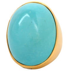 Vintage Turquoise Cabochon Diamond Yellow Gold Cocktail Ring