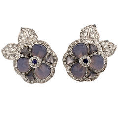 1960s Blue Chalcedony Diamond Gold Floral Clip-On Earrings 7
