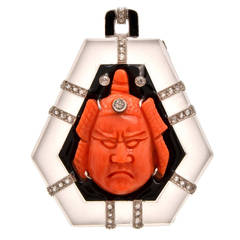 Art Deco Coral Rock Crystal Diamond Samurai Pendant