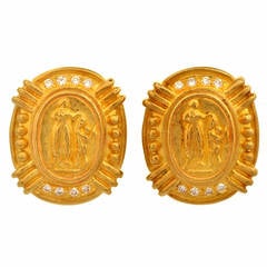 Vintage Etruscan Style Diamond Gold Clip-Back Earrings