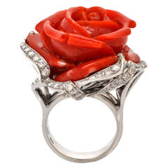 Vintage Coral Diamond Gold Flower Cocktail Ring