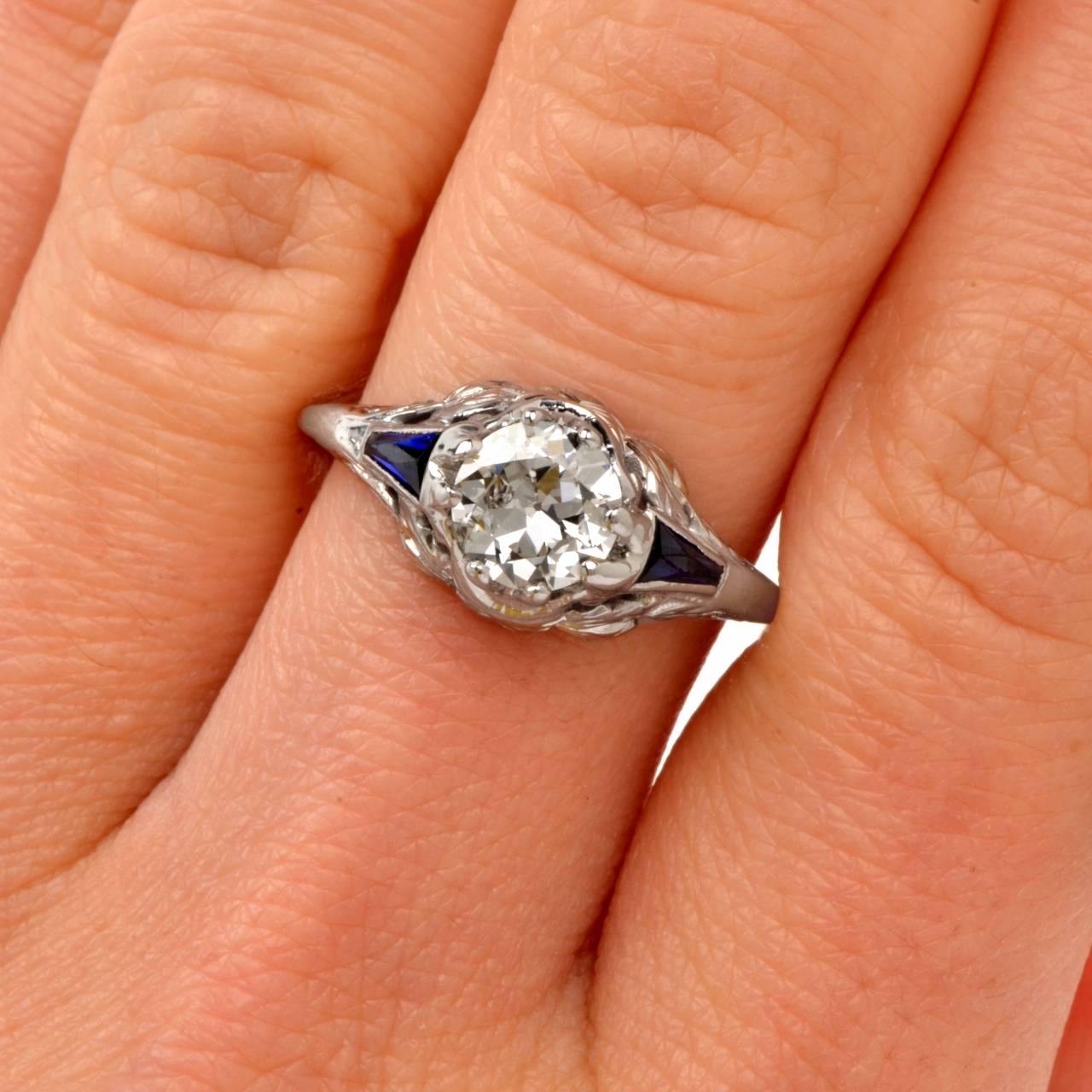 1930s Sapphire Diamond Platinum Engagement Ring 1