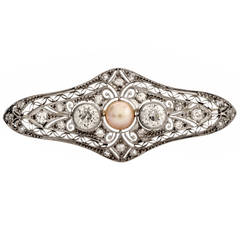 Art Deco Pearl Diamond Platinum Filigree Brooch