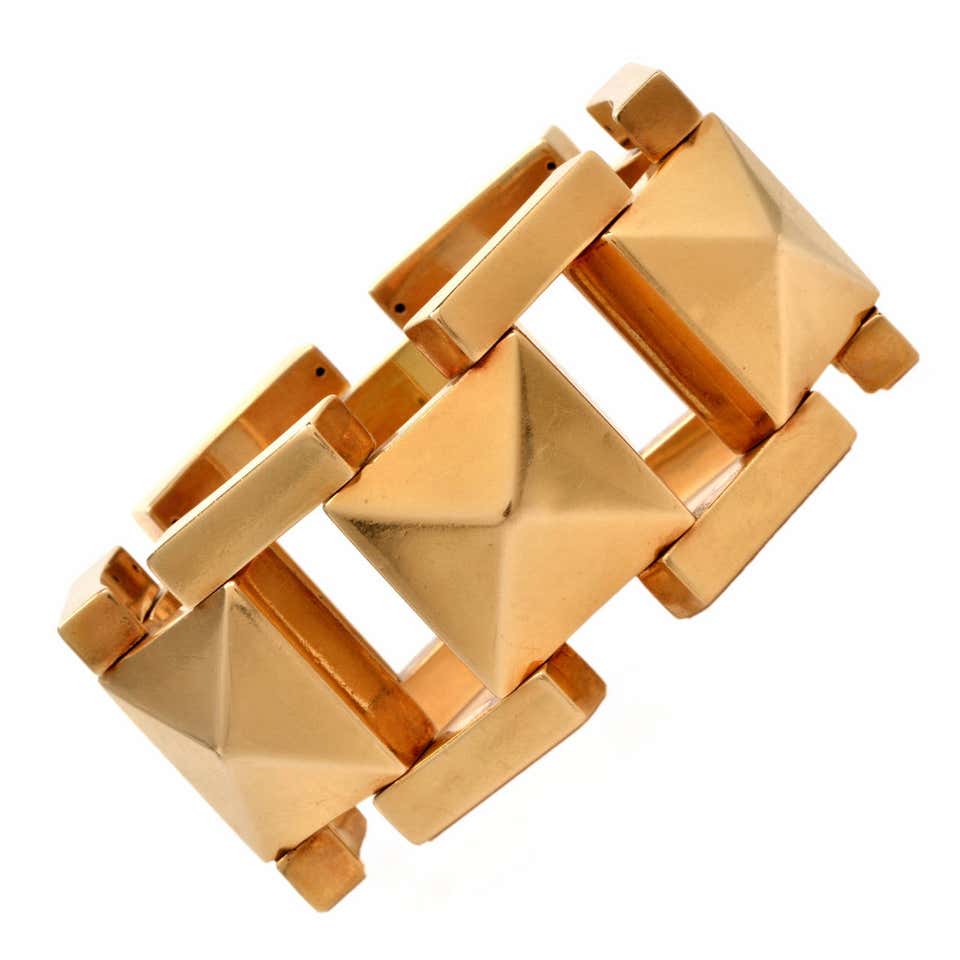 Retro Tiffany and Co. Yellow Gold Pyramid Wide Link Bracelet at 1stDibs