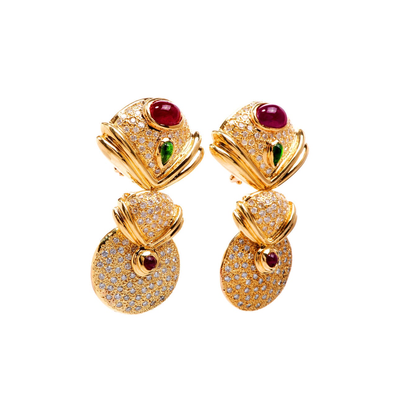 Diamond Ruby Emerald Gold Drop Earrings In Excellent Condition In Miami, FL