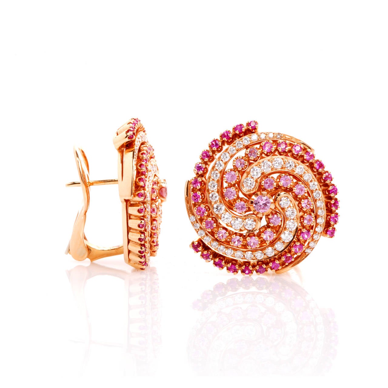 Modern Garavelli Pink Sapphire Diamond Gold Swirl Earrings