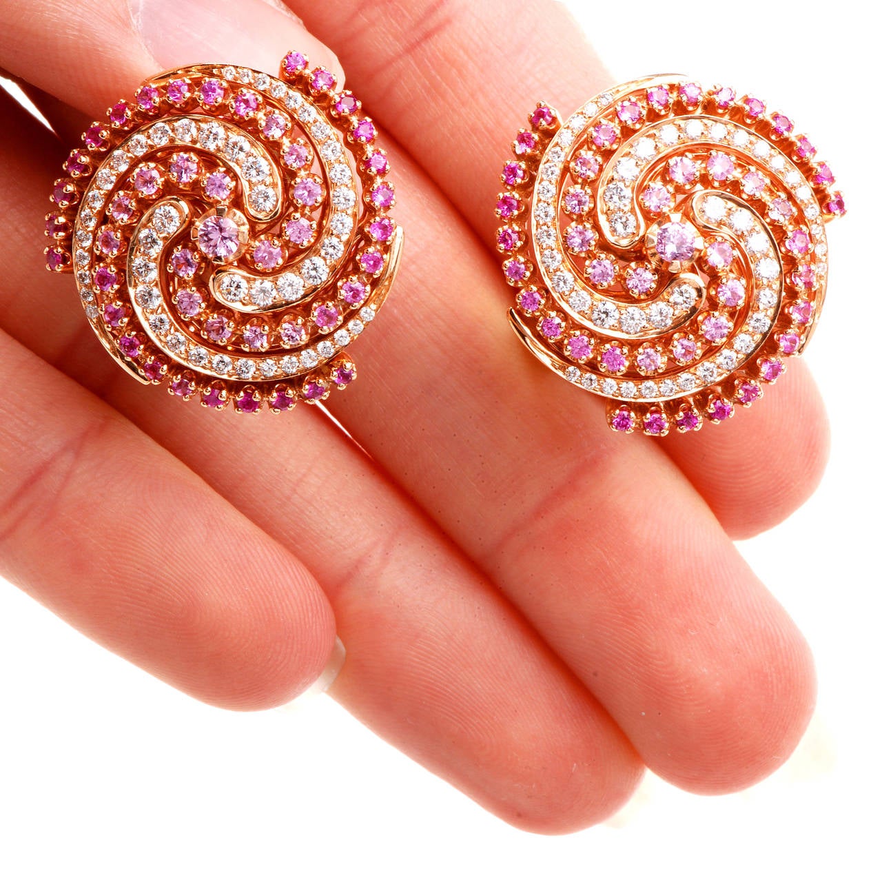Garavelli Pink Sapphire Diamond Gold Swirl Earrings 1