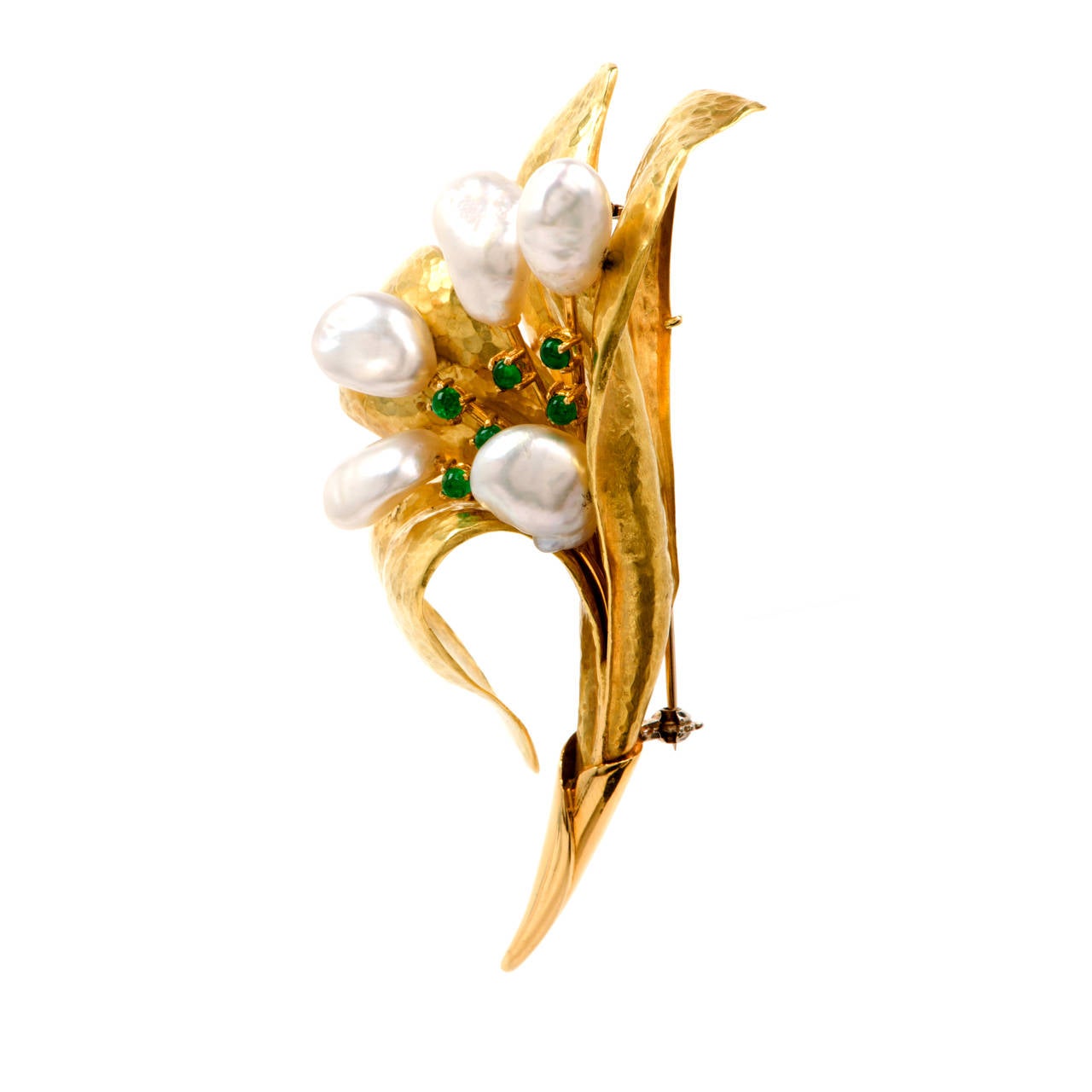Artisan Hand-Hammered  Pearl Emerald Lily Gold Flower Pin Brooch