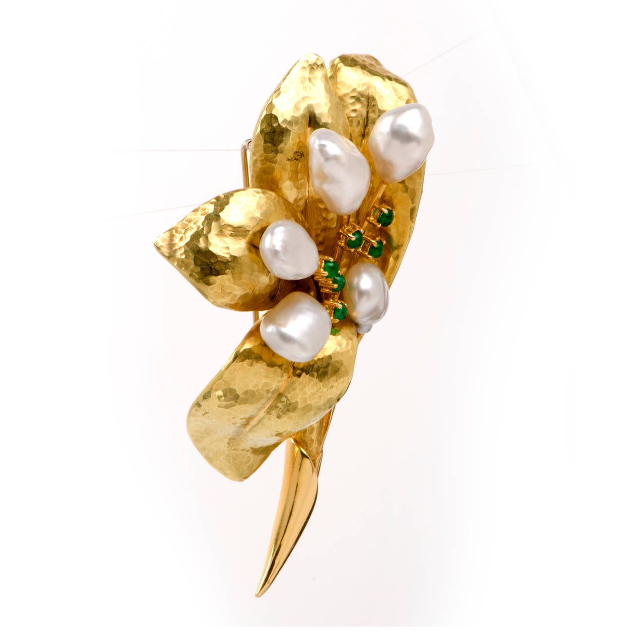 Women's Hand-Hammered  Pearl Emerald Lily Gold Flower Pin Brooch