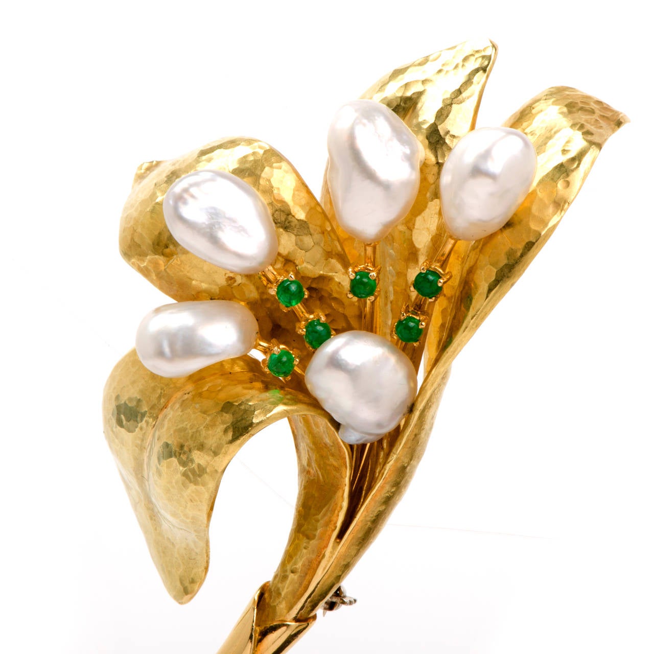 Hand-Hammered  Pearl Emerald Lily Gold Flower Pin Brooch 1